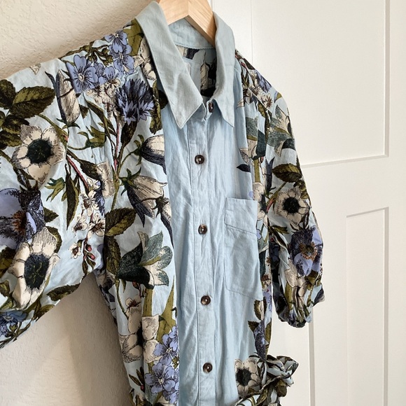 Anthropologie Mona belted Linen Shirt Dress Maeve NEW Large Blue Floral - Picture 6 of 15